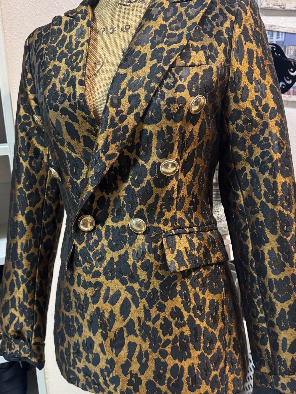 Dolce Cabo Gold and Black Leopard Double-Breasted Blazer